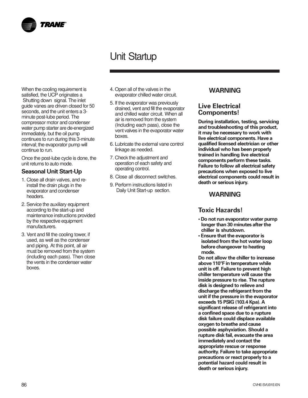Trane CVHE-SVU01E-ENX39640712050 manual Live Electrical Components, Toxic Hazards, Seasonal Unit Start-Up 