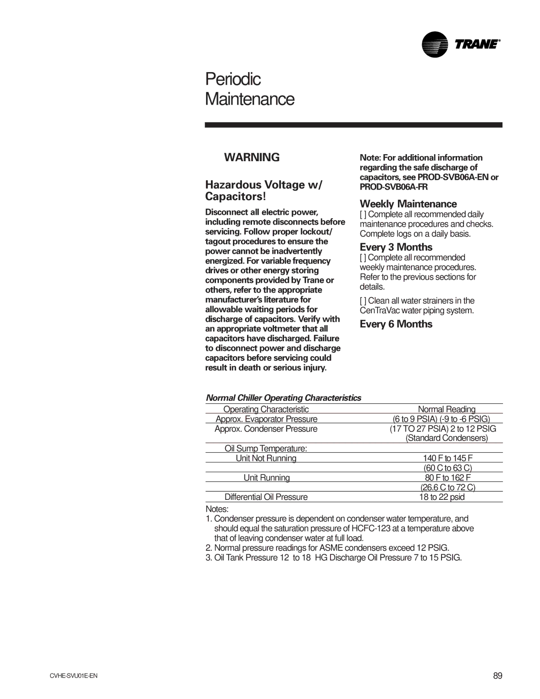 Trane CVHE-SVU01E-ENX39640712050 manual Hazardous Voltage w/ Capacitors, Weekly Maintenance, Every 3 Months, Every 6 Months 