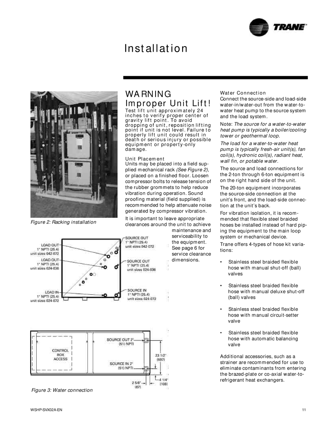 Trane GSWD, EXWA, WPWD manual Racking installation, Water Connection 