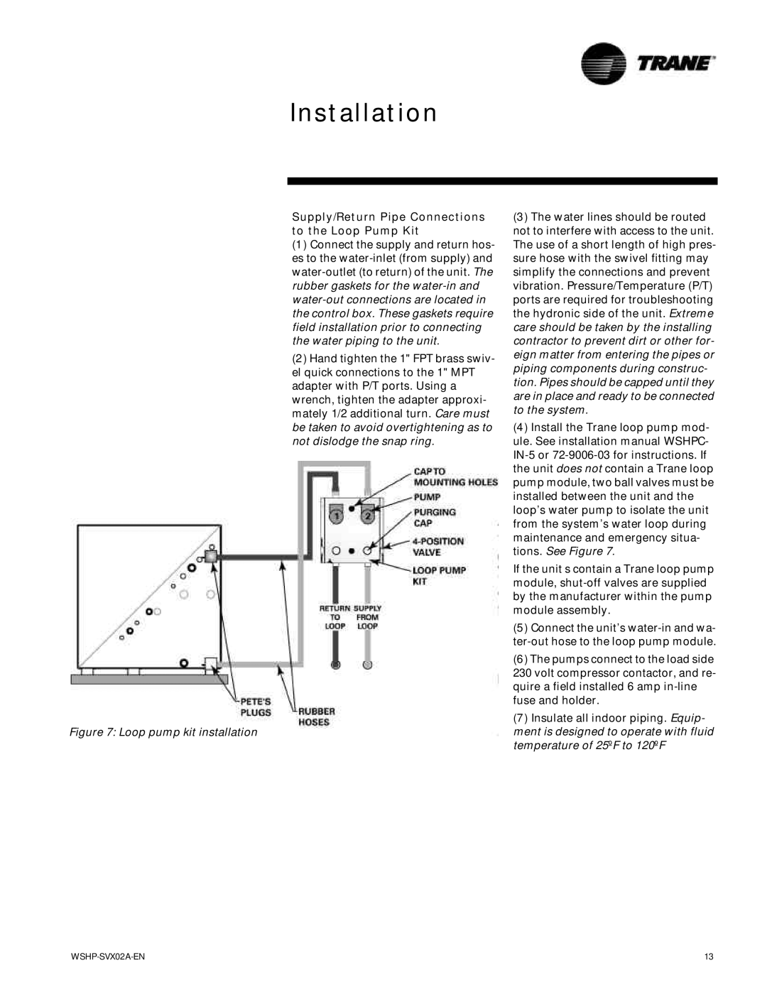 Trane WPWD, EXWA, GSWD manual Supply/Return Pipe Connections to the Loop Pump Kit, Loop pump kit installation 