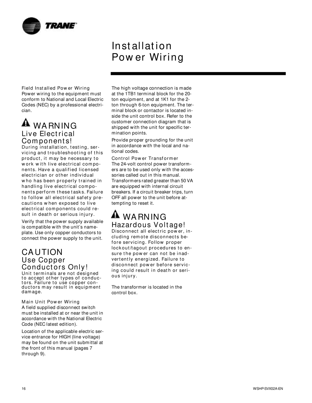 Trane WPWD, EXWA, GSWD manual Installation Power Wiring, Control Power Transformer 