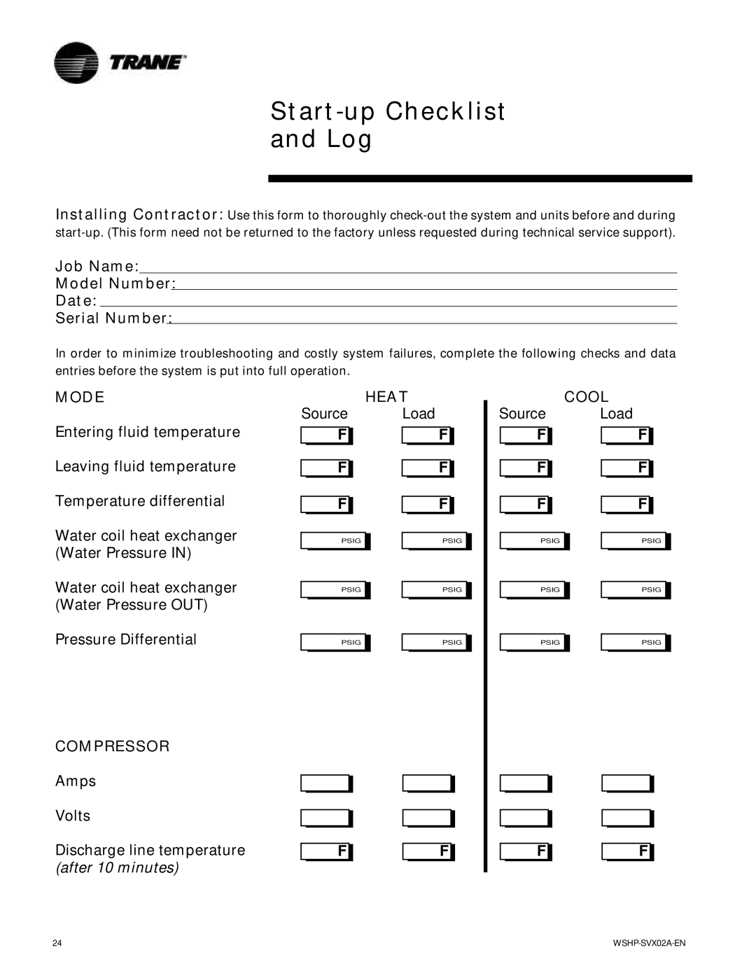 Trane EXWA, WPWD, GSWD manual Start-up Checklist Log, Job Name Model Number Date Serial Number 