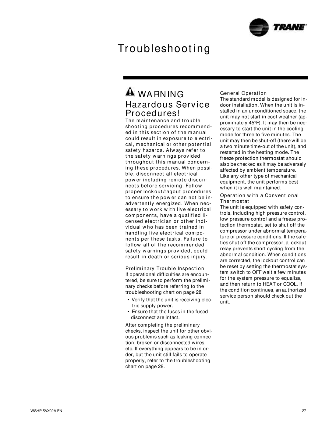 Trane EXWA Troubleshooting, Hazardous Service Procedures, General Operation, Operation with a Conventional Thermostat 