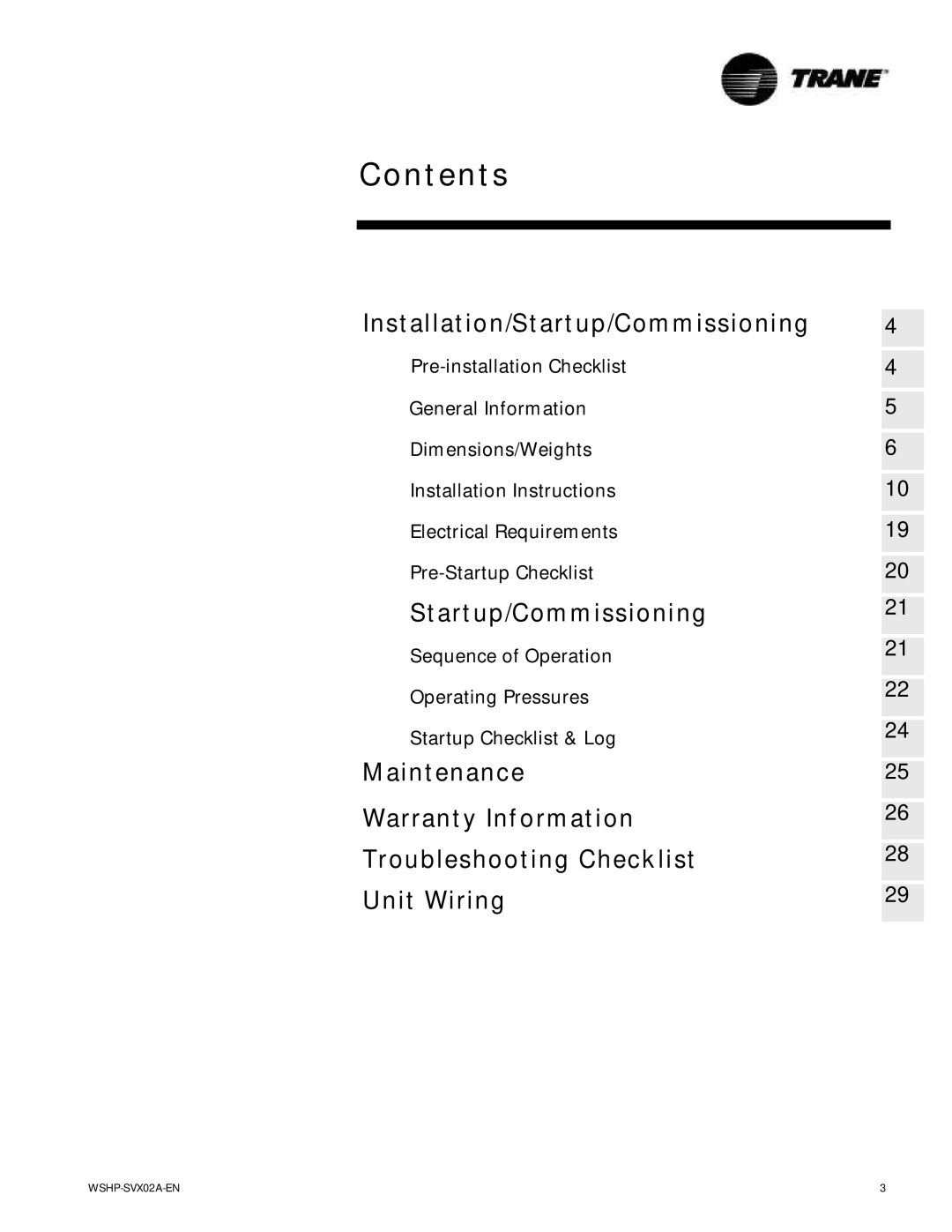 Trane EXWA, WPWD, GSWD manual Contents 