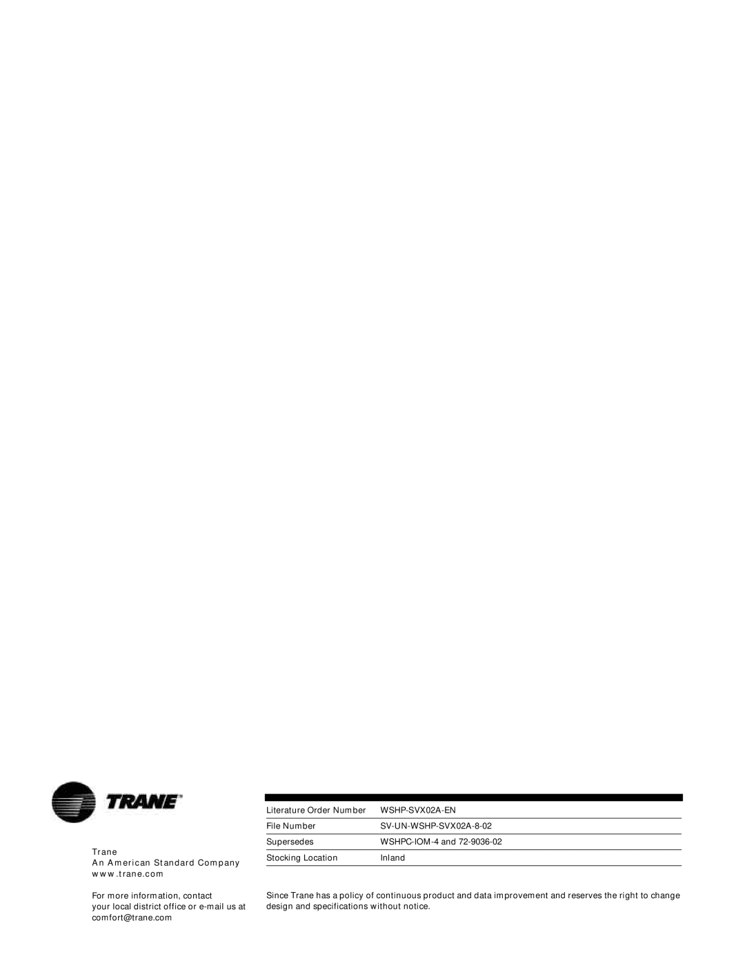 Trane WPWD, EXWA, GSWD manual Trane 