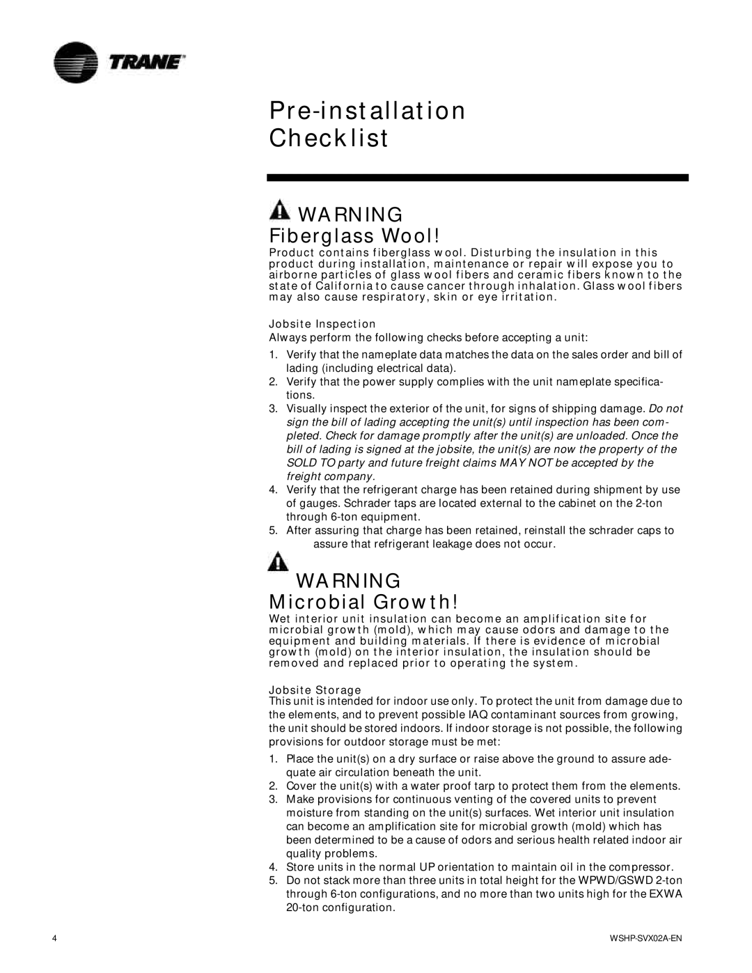 Trane WPWD, EXWA, GSWD manual Pre-installation Checklist, Fiberglass Wool, Microbial Growth 