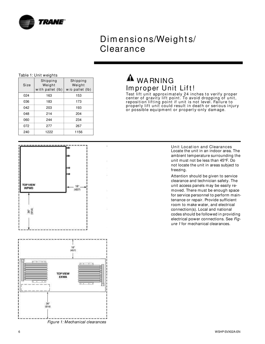 Trane EXWA, WPWD, GSWD manual Dimensions/Weights/ Clearance, Improper Unit Lift 