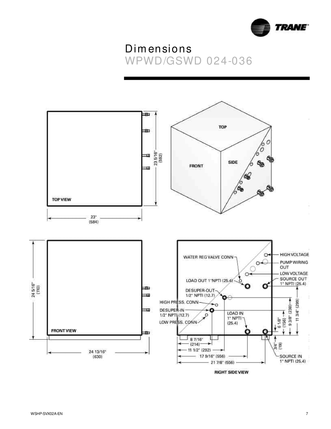 Trane WPWD, EXWA, GSWD manual Dimensions 