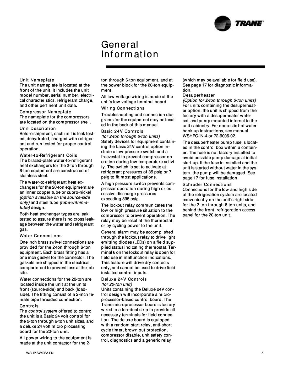 Trane GSWD, EXWA, WPWD manual General Information, for 2-tonthrough 6-tonunits 