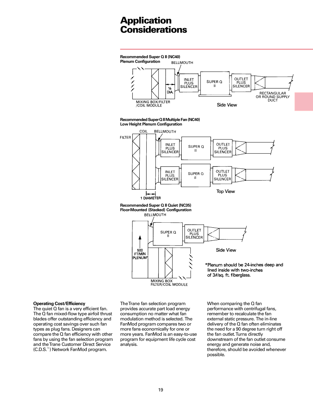 Trane Fan manual Operating Cost/Efficiency, Recommended Super Q II NC40 Plenum Configuration 