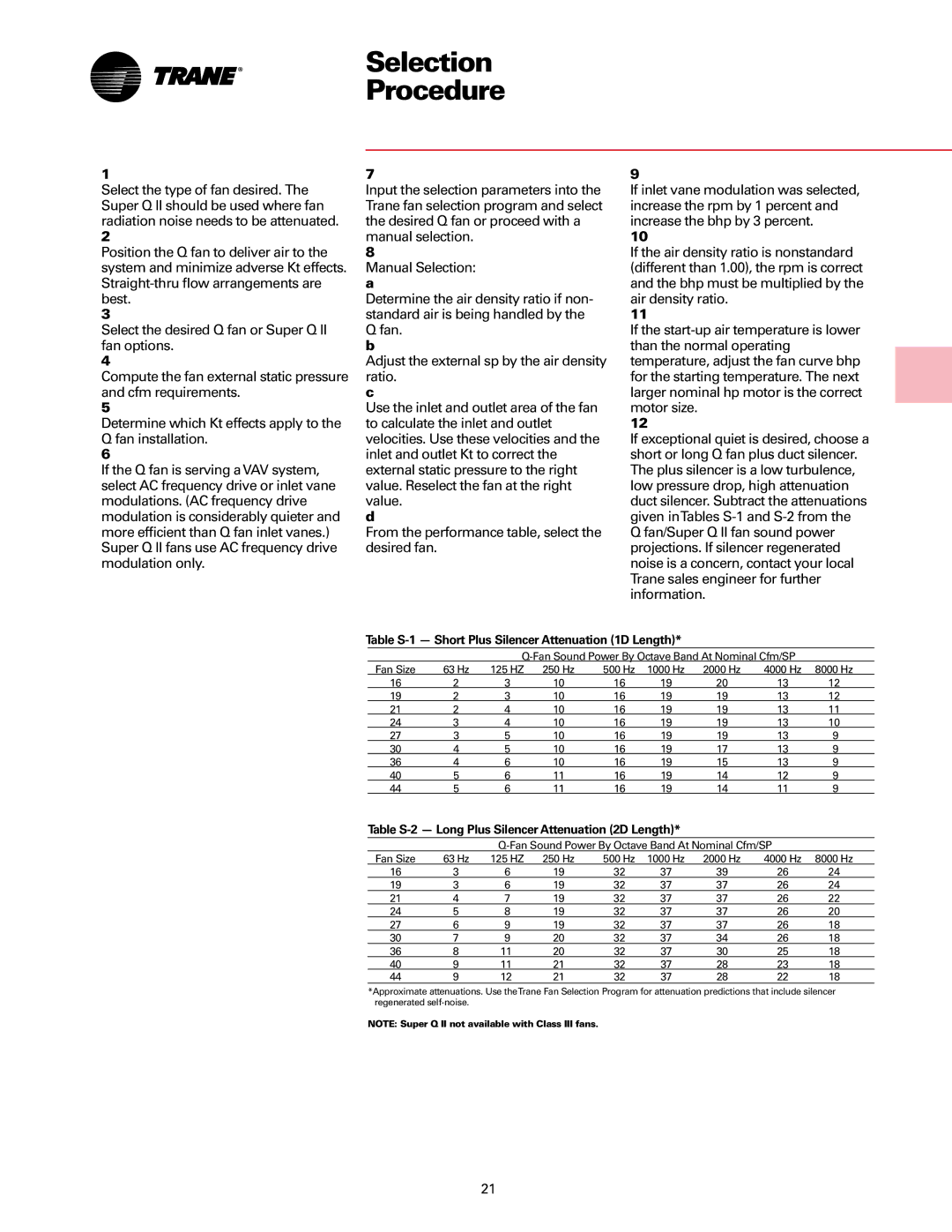 Trane Fan manual Selection Procedure, Table S-1 Short Plus Silencer Attenuation 1D Length 