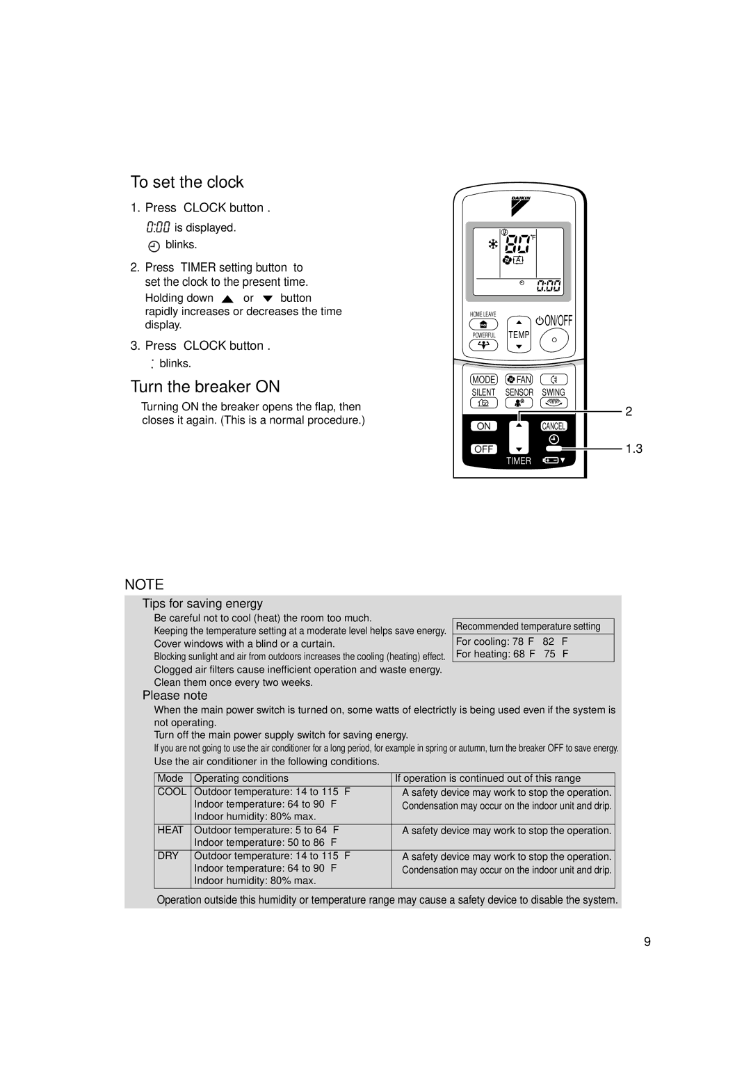 Trane FTXS24DVJU To set the clock, Turn the breaker on, Press Clock button, Tips for saving energy, Please note 