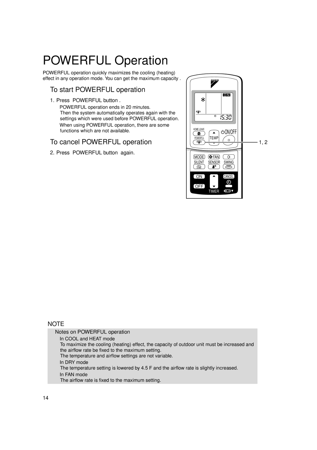 Trane FTXS18DVJU Powerful Operation, To start Powerful operation, To cancel Powerful operation, Press Powerful button 