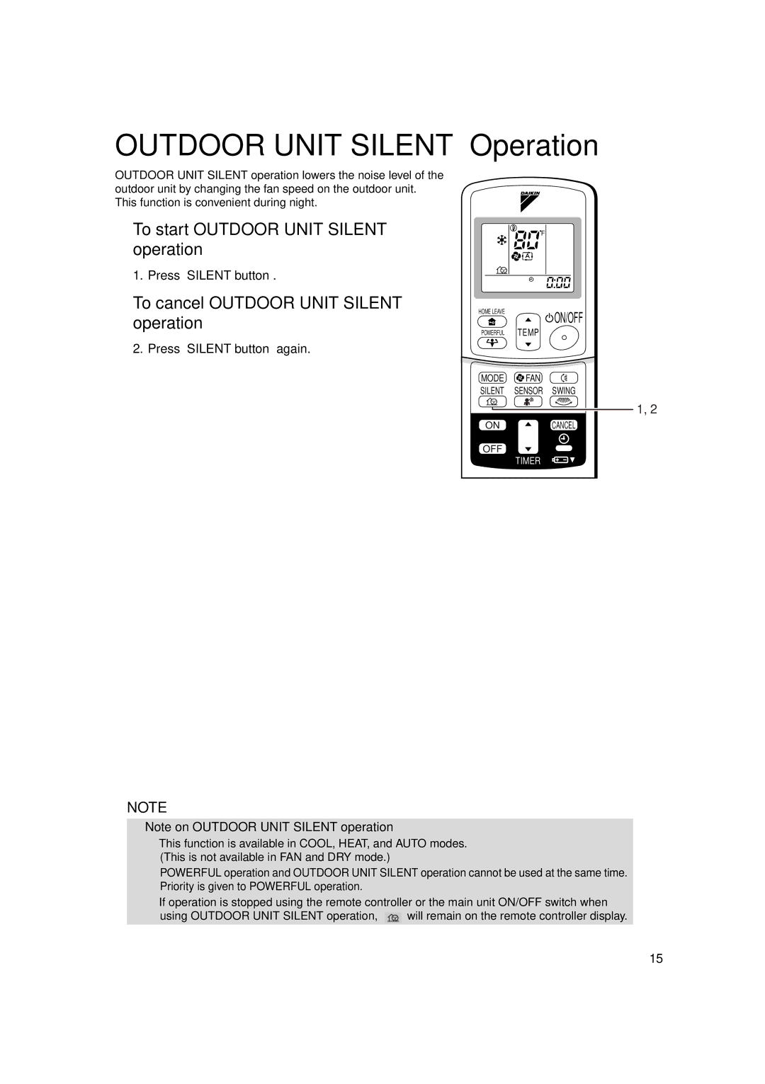 Trane FTXS24DVJU, FTXS18DVJU Outdoor Unit Silent Operation, To start Outdoor Unit Silent operation, Press Silent button 