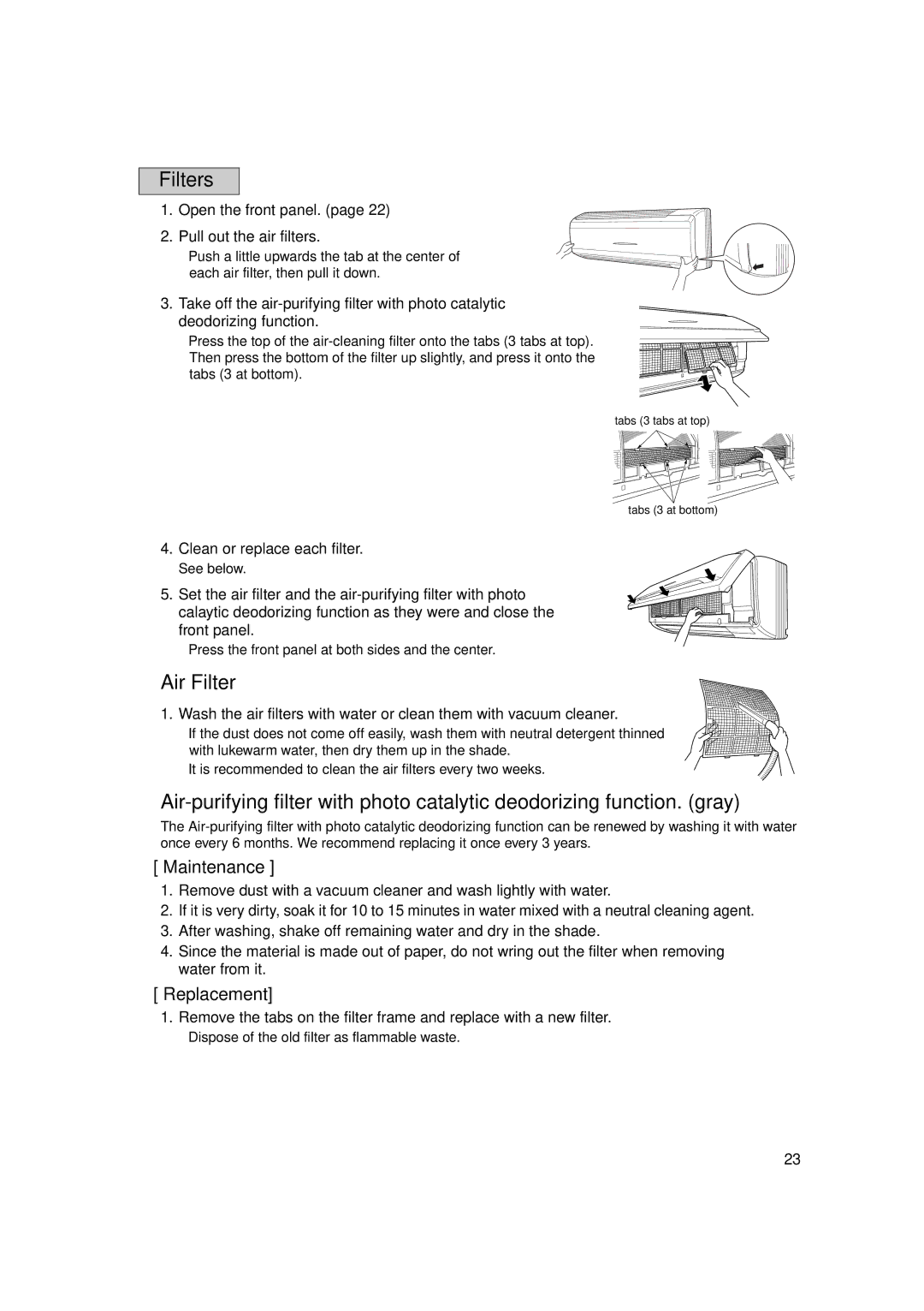 Trane FTXS18DVJU, FTXS24DVJU, FTXS15DVJU operation manual Filters, Air Filter, Maintenance, Replacement 