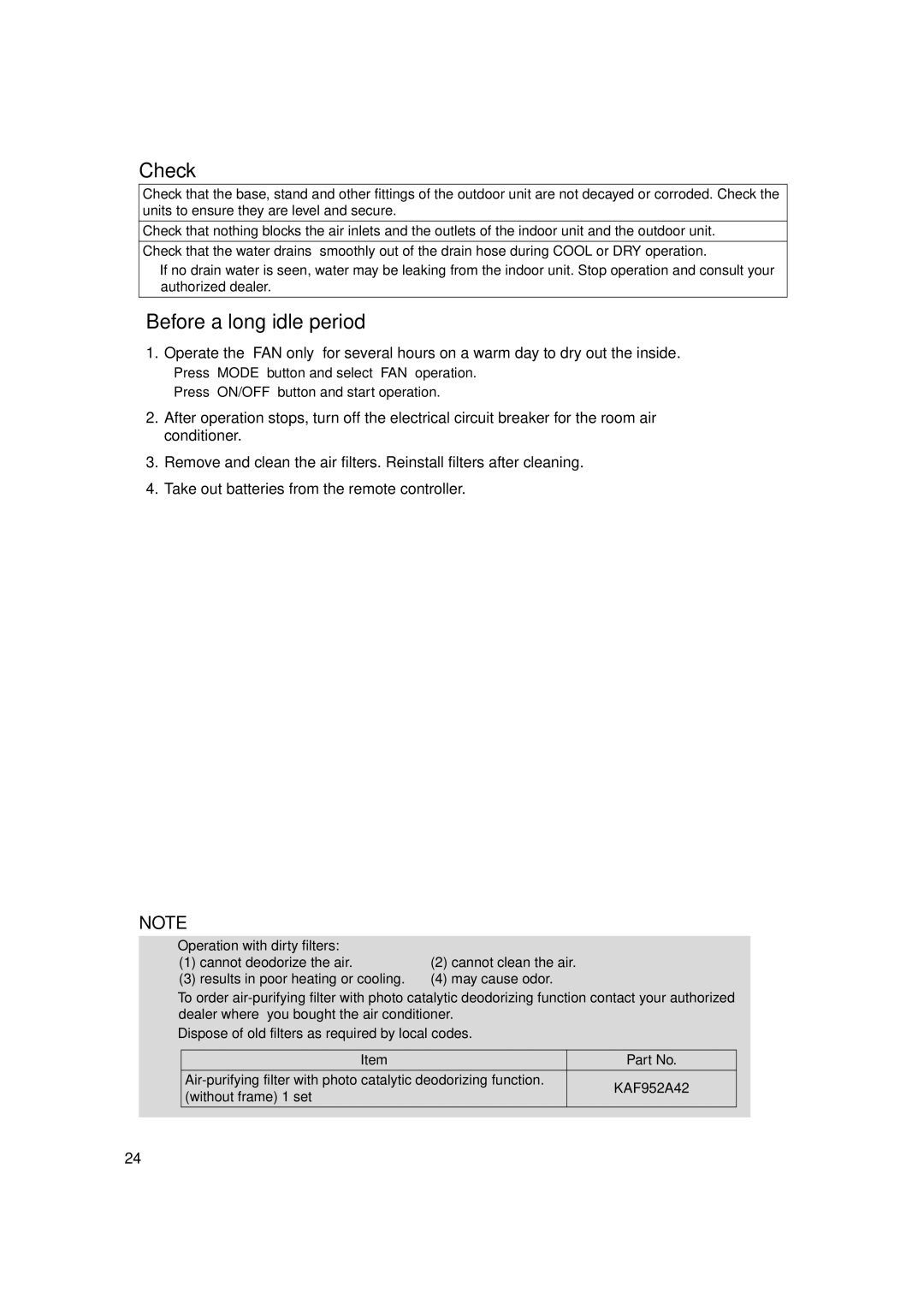 Trane FTXS24DVJU, FTXS18DVJU, FTXS15DVJU operation manual Check, Before a long idle period 