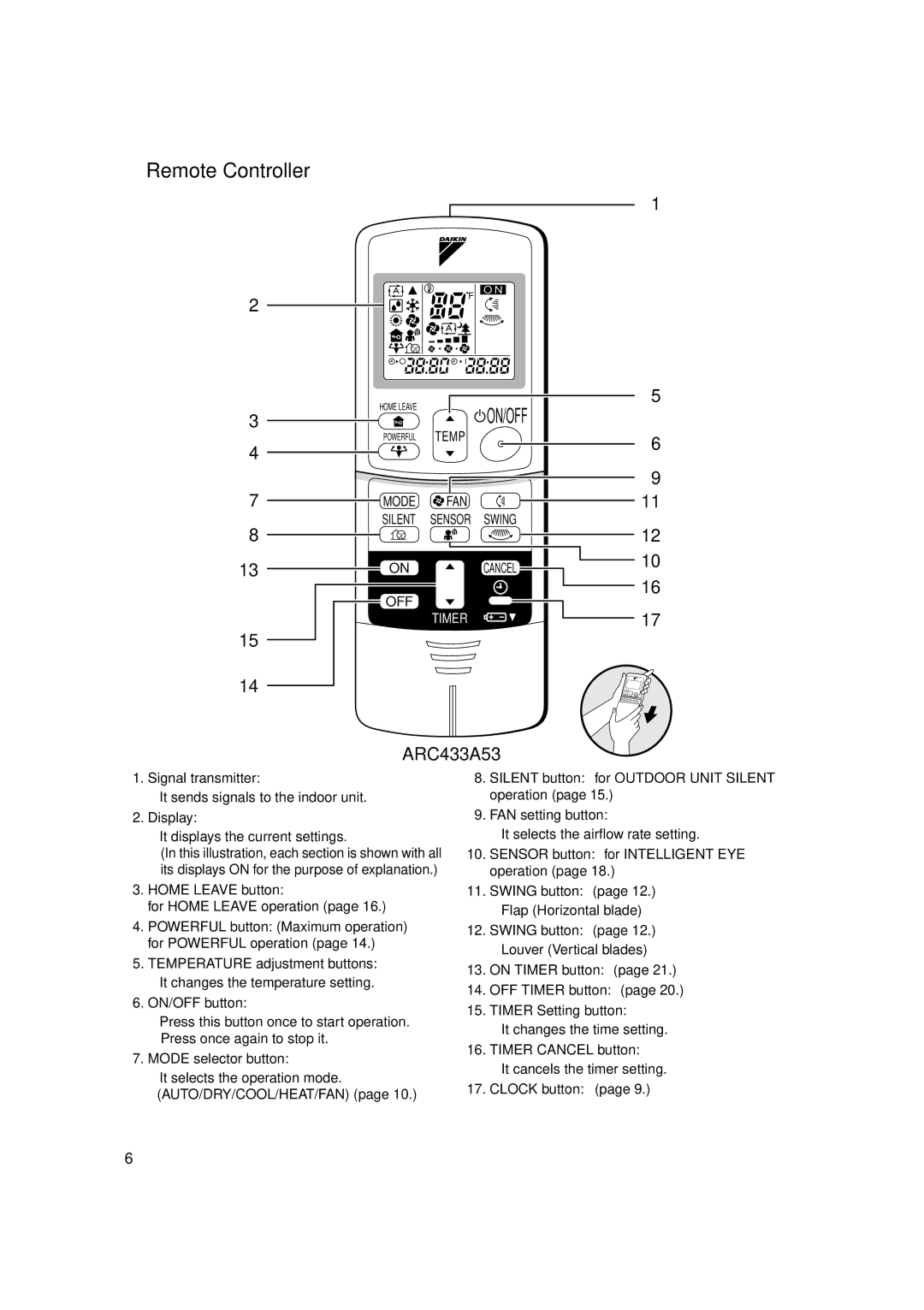 Trane FTXS24DVJU, FTXS18DVJU, FTXS15DVJU operation manual Remote Controller, 〈 ARC433A53 〉 