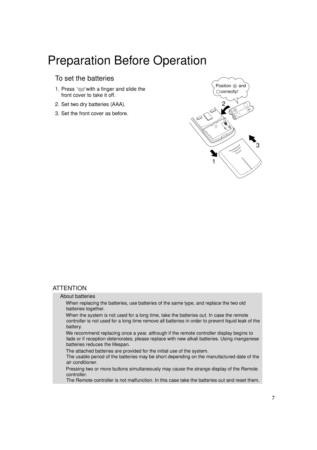 Trane FTXS15DVJU, FTXS18DVJU, FTXS24DVJU operation manual Preparation Before Operation, To set the batteries 