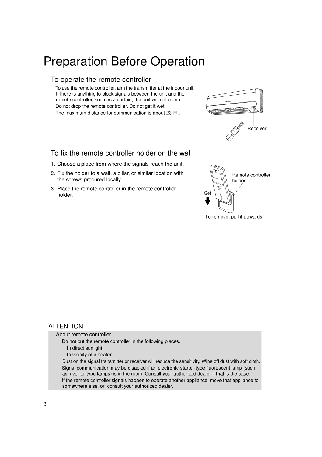 Trane FTXS18DVJU To operate the remote controller, To fix the remote controller holder on the wall, Holder, Set 