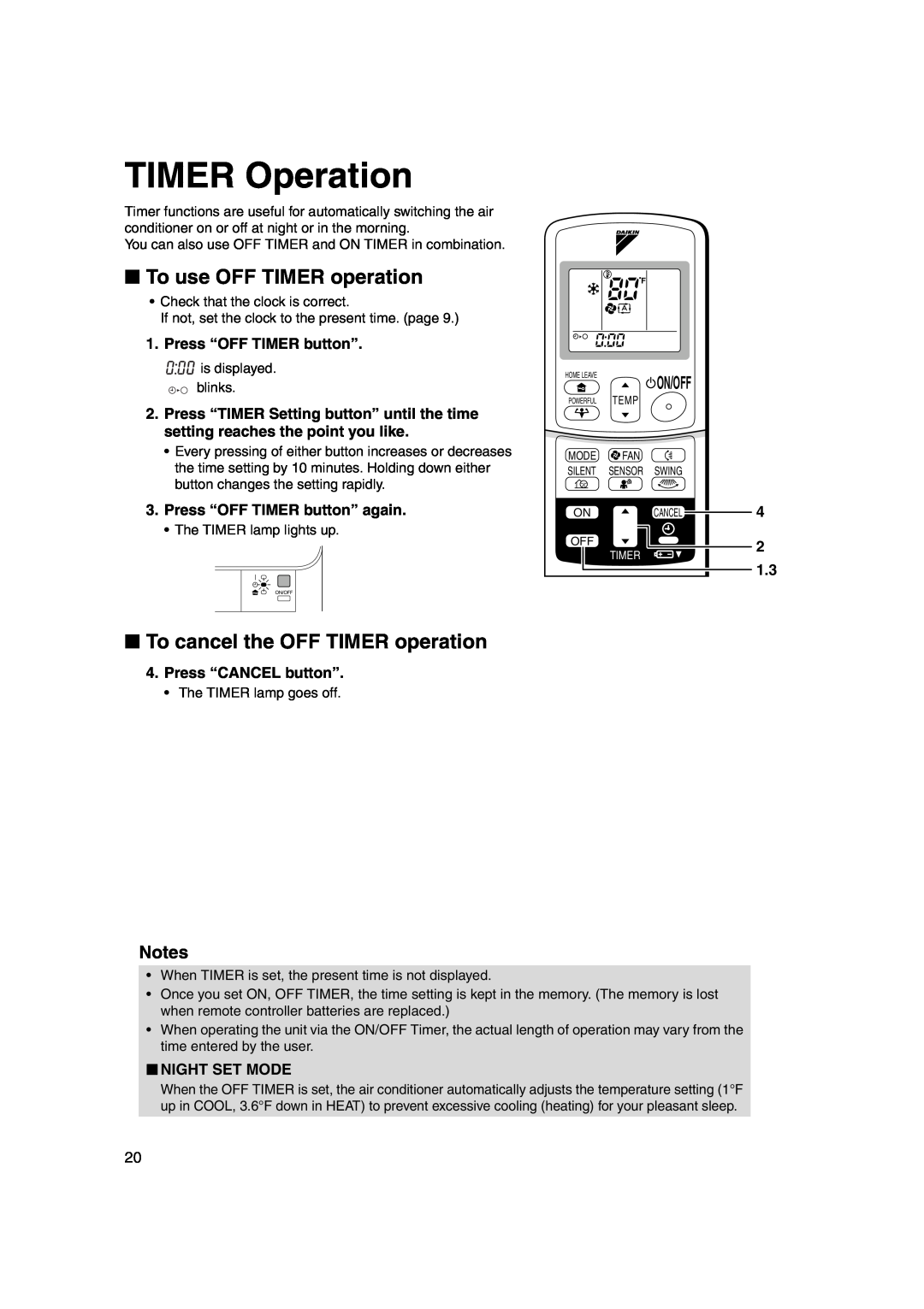 Trane FTXS18DVJU TIMER Operation, To use OFF TIMER operation, To cancel the OFF TIMER operation, Press “OFF TIMER button” 