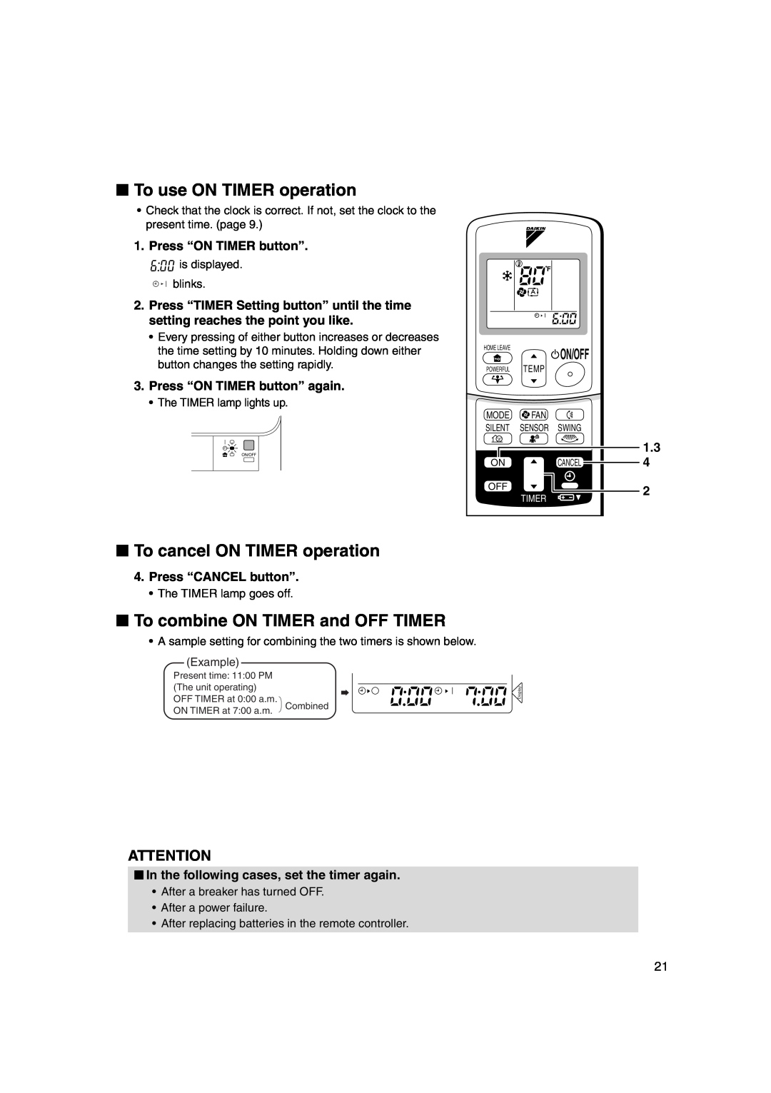 Trane FTXS24DVJU To use ON TIMER operation, To cancel ON TIMER operation, To combine ON TIMER and OFF TIMER, 1.3, On/Off 