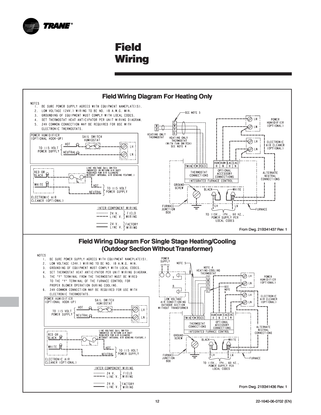 Trane FURN-PRC001-EN manual Field Wiring Diagram For Heating Only, Outdoor Section Without Transformer 