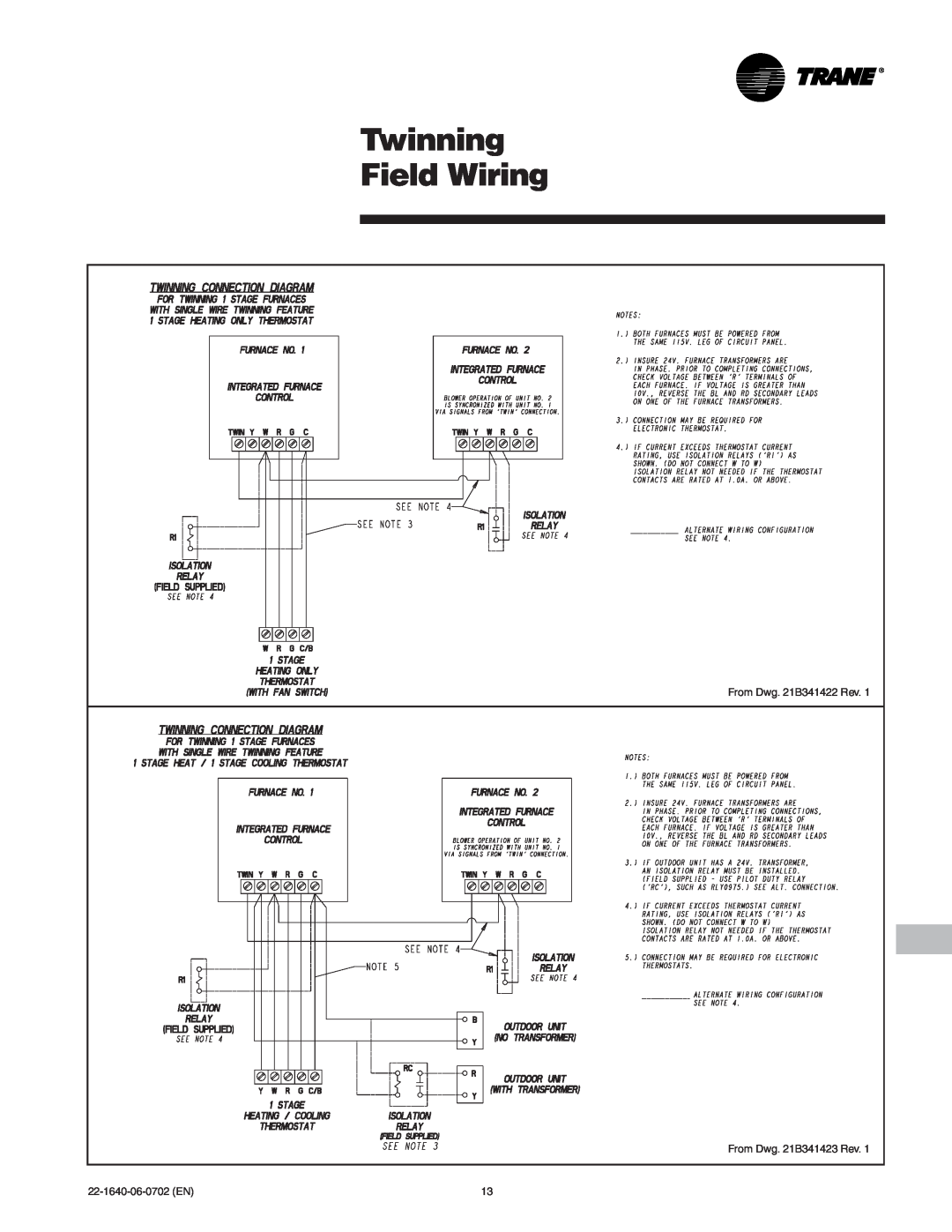 Trane Upflow/Horizontal Right or Upflow/Horizontal Left Induced Draft Gas Furnace, FURN-PRC001-EN Twinning, Field Wiring 