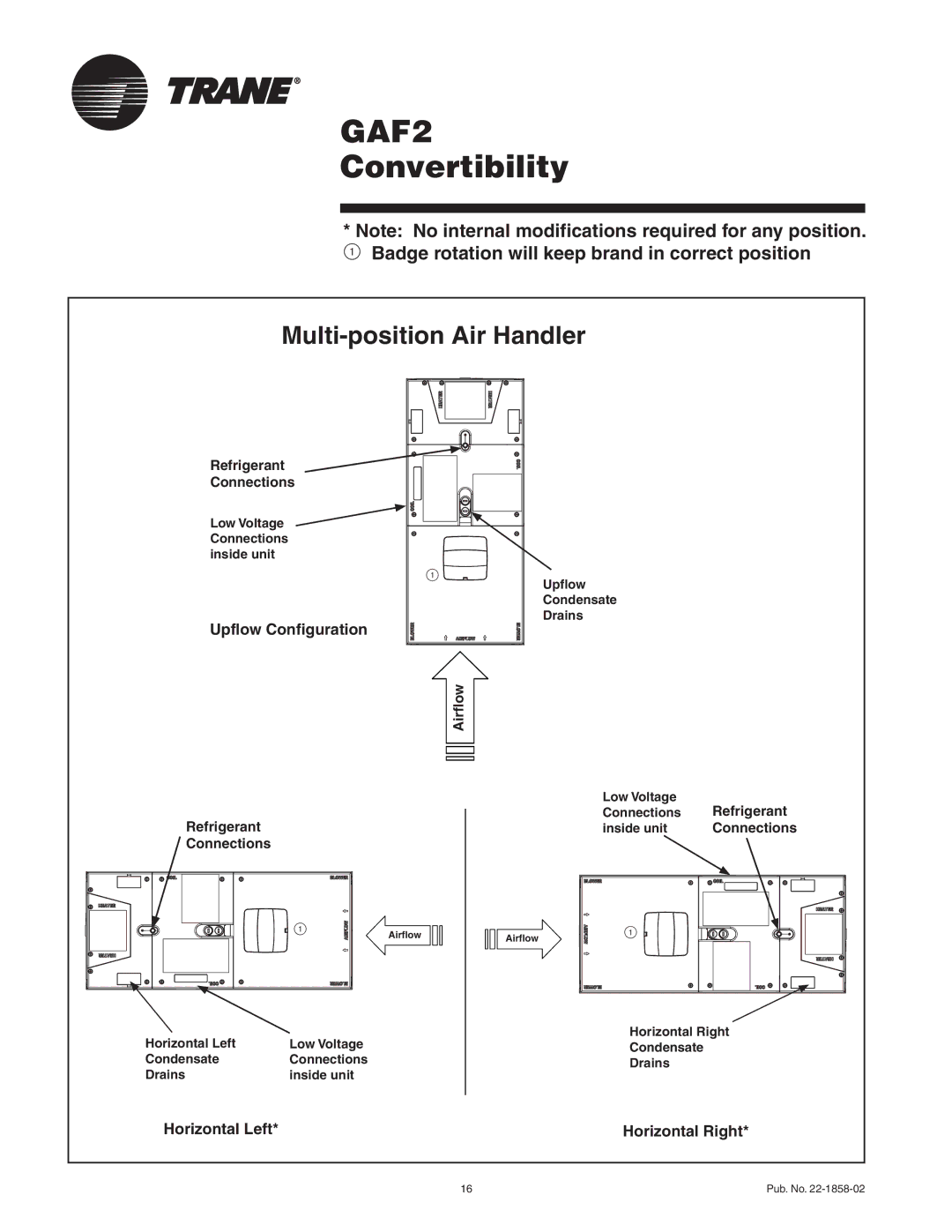 Trane GAF2A0A30S21SA, GAF2A0A24S21SA, GAF2A0A36S31SA Convertibility, Upflow Configuration, Horizontal Left Horizontal Right 