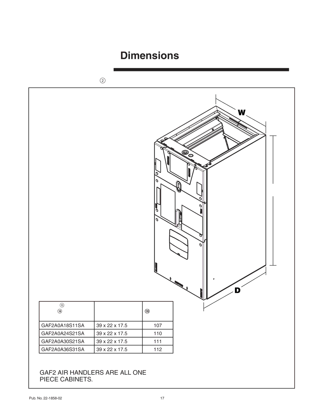 Trane GAF2A0A36S31SA, GAF2A0A24S21SA manual Dimensions, GAF2 AIR Handler Dimensional Data, Model D x W Unit Number, Lbs 