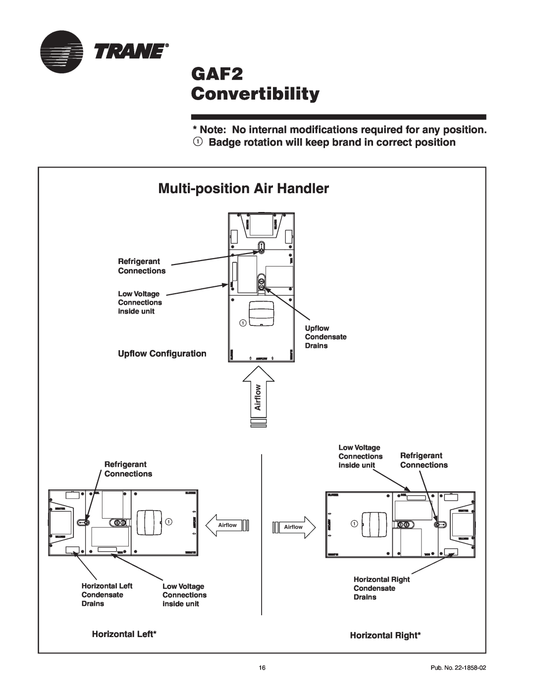 Trane GAF2A0A30S21SA, GAF2A0A24S21SA GAF2 Convertibility, Multi-positionAir Handler, Refrigerant, Connections, Airflow 