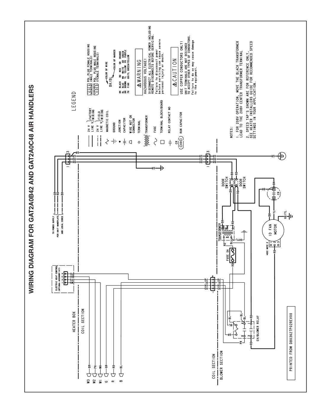 Trane GAT2A0C48S41SA, GAT2A0C60S51SA manual Wiring Diagram for GAT2A0B42 and GAT2A0C48 AIR Handlers 