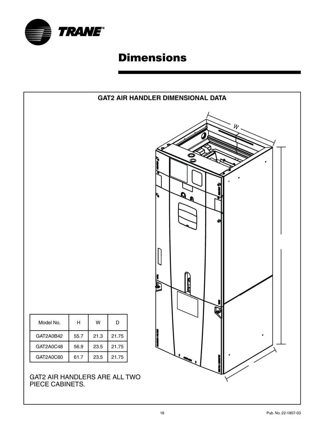 Trane GAT2A0C60S51SA, GAT2A0C48S41SA manual Dimensions, GAT2 AIR Handler Dimensional Data 