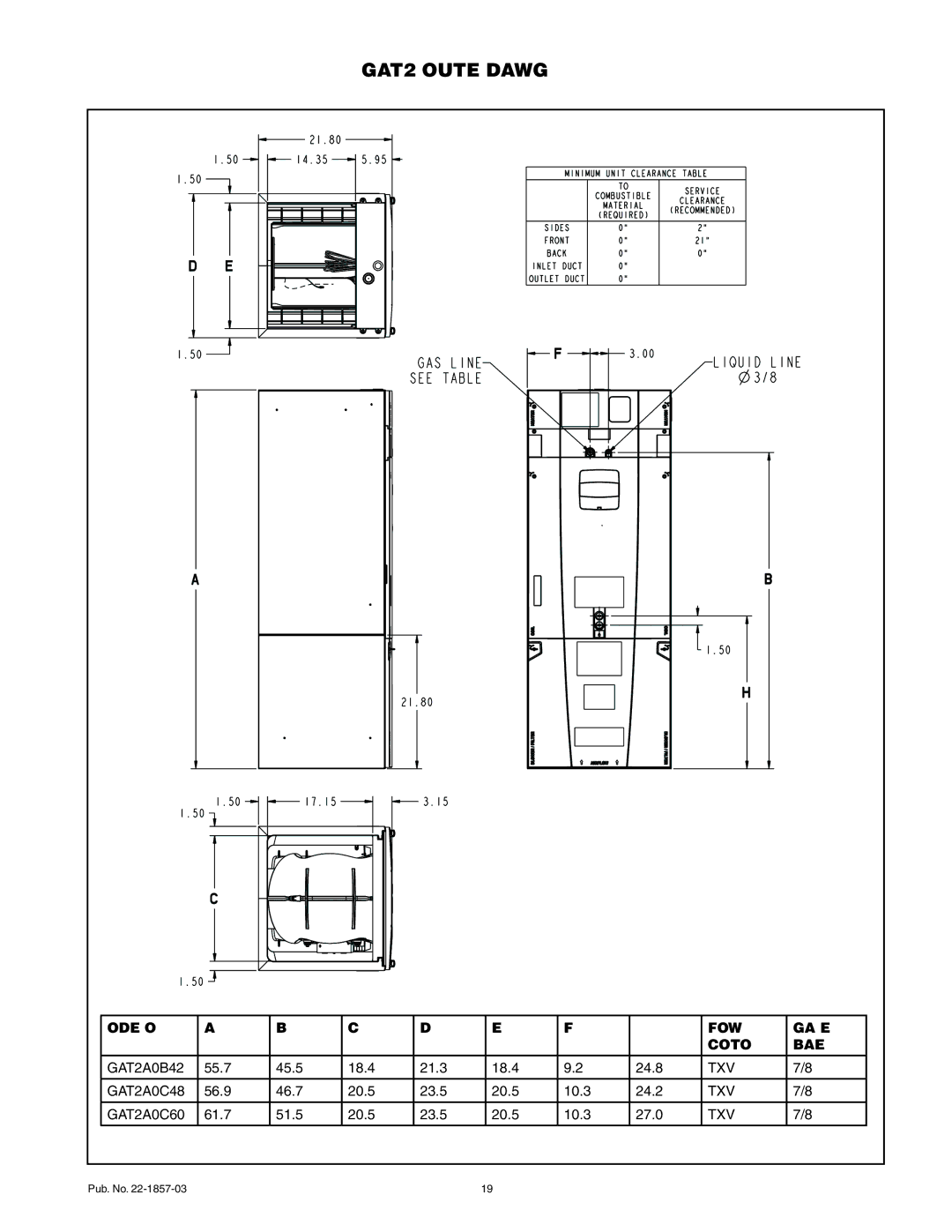 Trane GAT2A0C48S41SA, GAT2A0C60S51SA manual GAT2 Outline Drawing, Model no Flow GAS Line Control Braze 