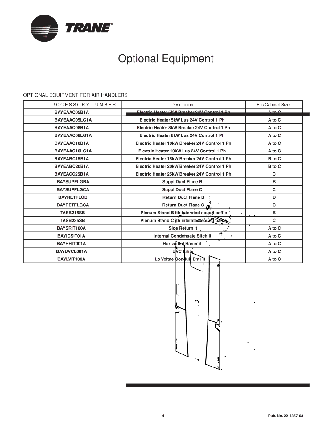 Trane GAT2A0C60S51SA, GAT2A0C48S41SA manual Optional Equipment for AIR Handlers 