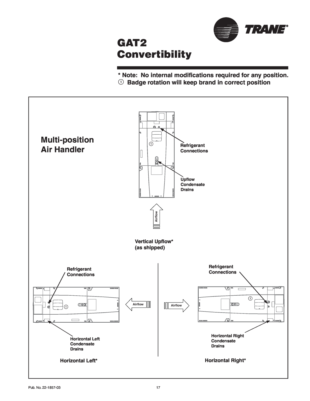Trane GAT2A0C48S41SA manual GAT2 Convertibility, Multi-position, Air Handler, Refrigerant, Connections, Pub. No, Airflow 