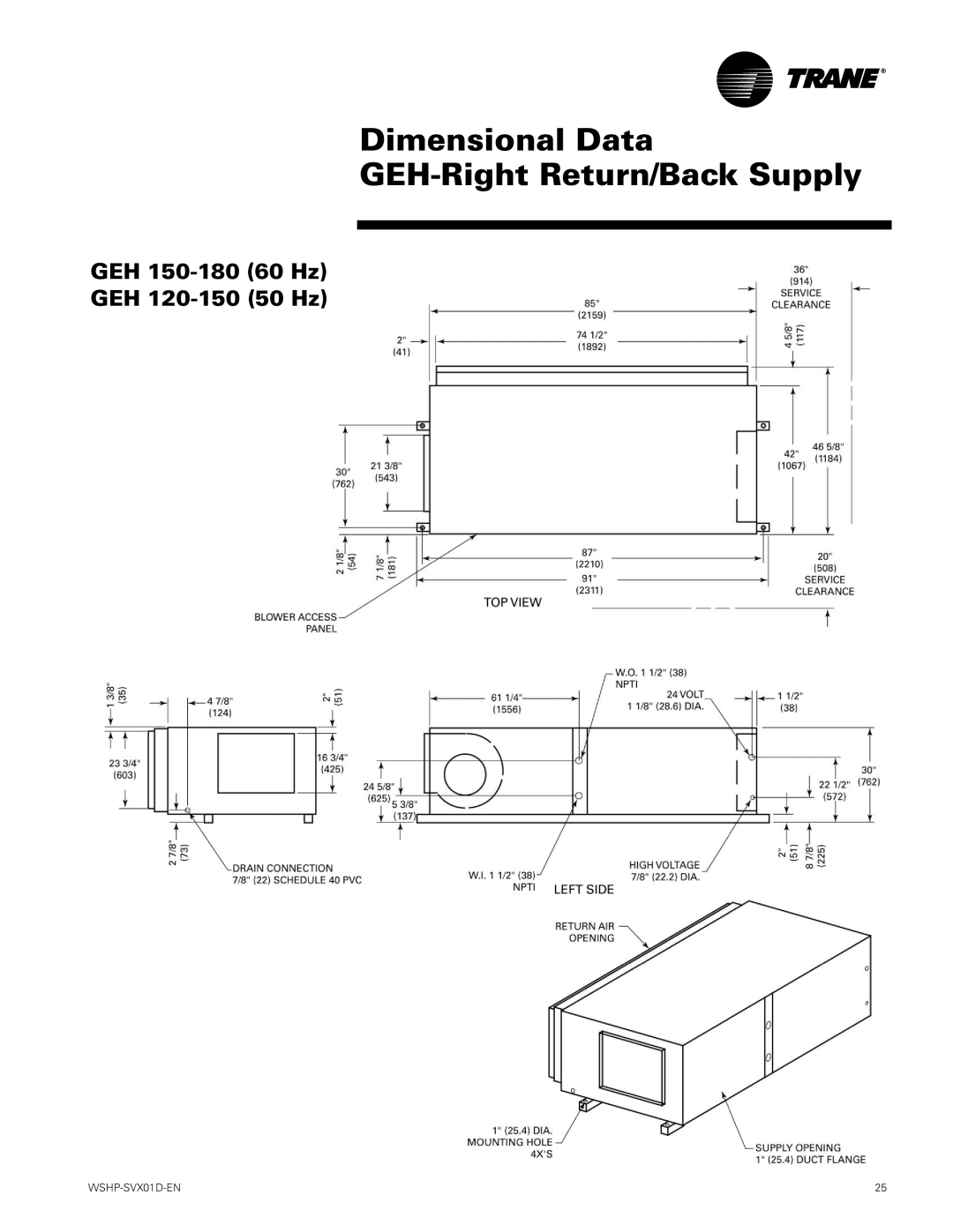 Trane GEV manual Dimensional Data GEH-Right Return/Back Supply 