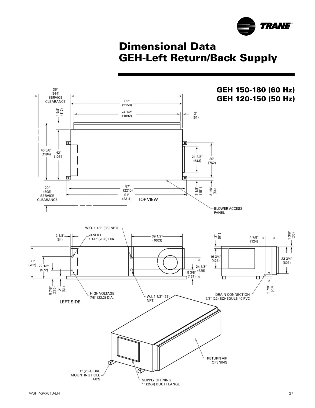 Trane GEV manual Dimensional Data GEH-Left Return/Back Supply 