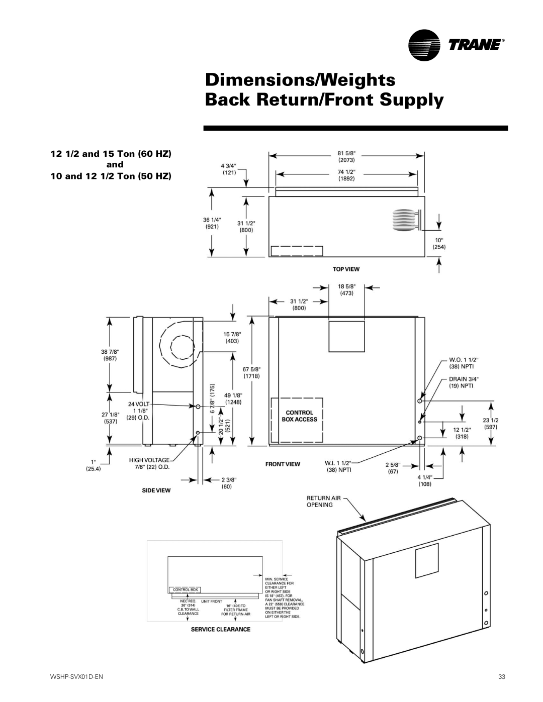 Trane GEV, GEH manual Dimensions/Weights Back Return/Front Supply 