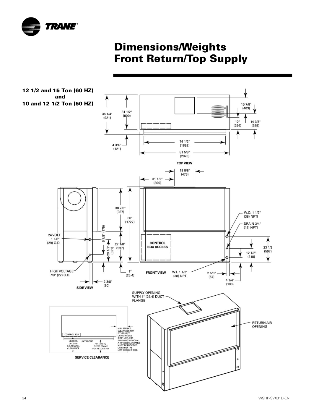 Trane GEH, GEV manual Dimensions/Weights Front Return/Top Supply 