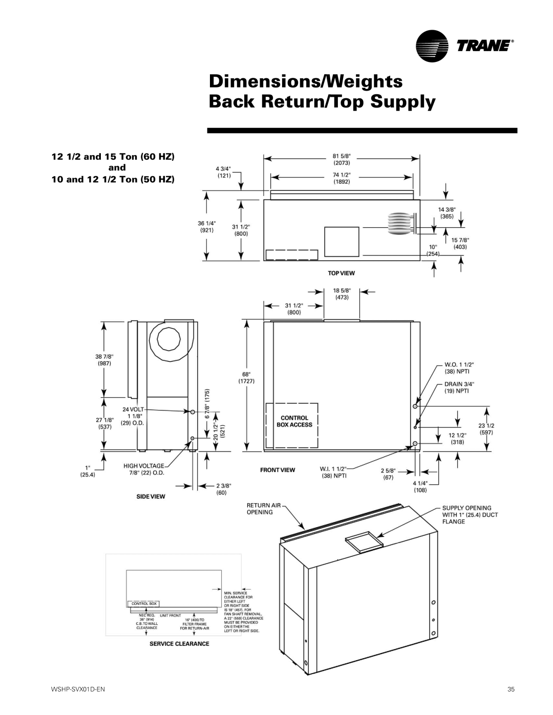 Trane GEV, GEH manual Dimensions/Weights Back Return/Top Supply 