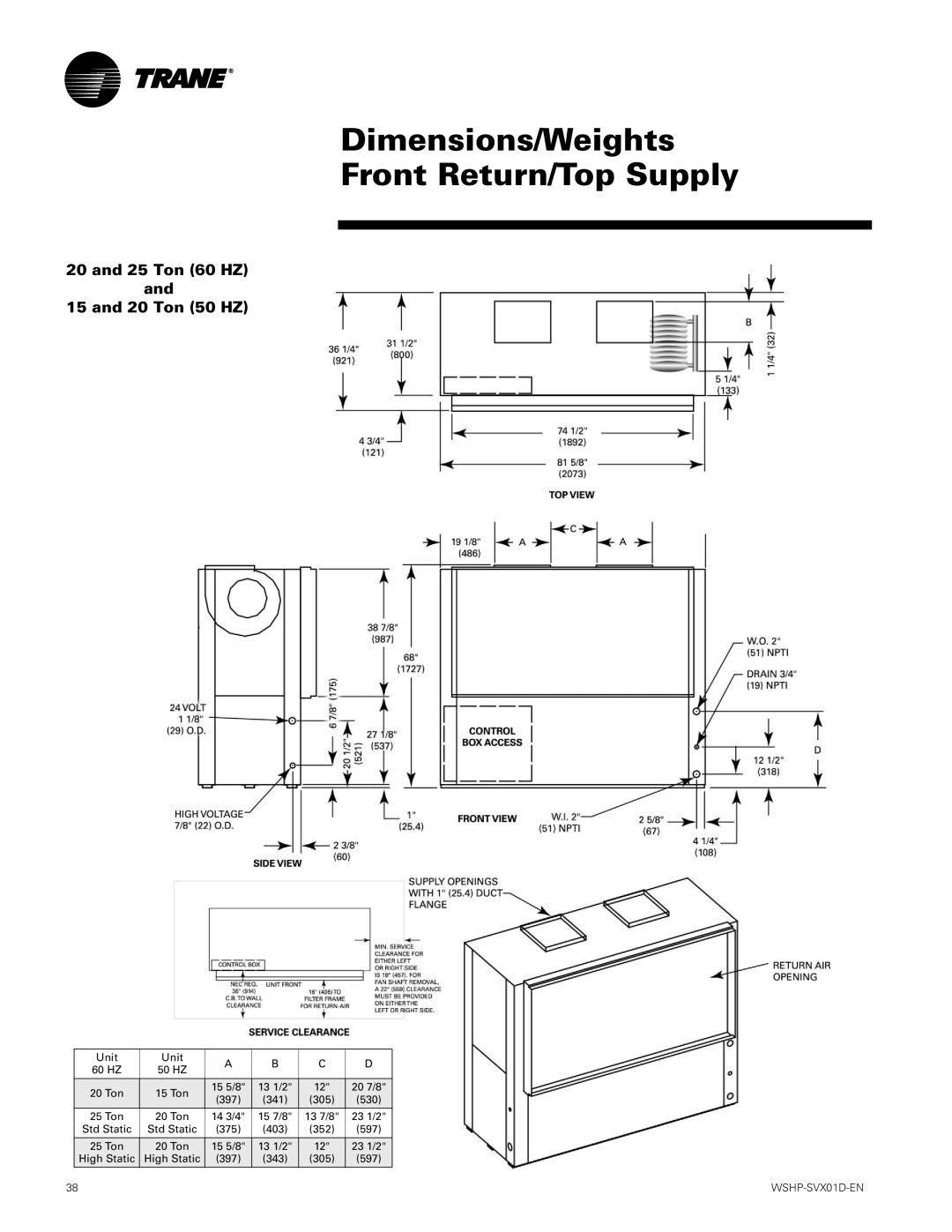 Trane GEH, GEV manual Dimensions/Weights Front Return/Top Supply 