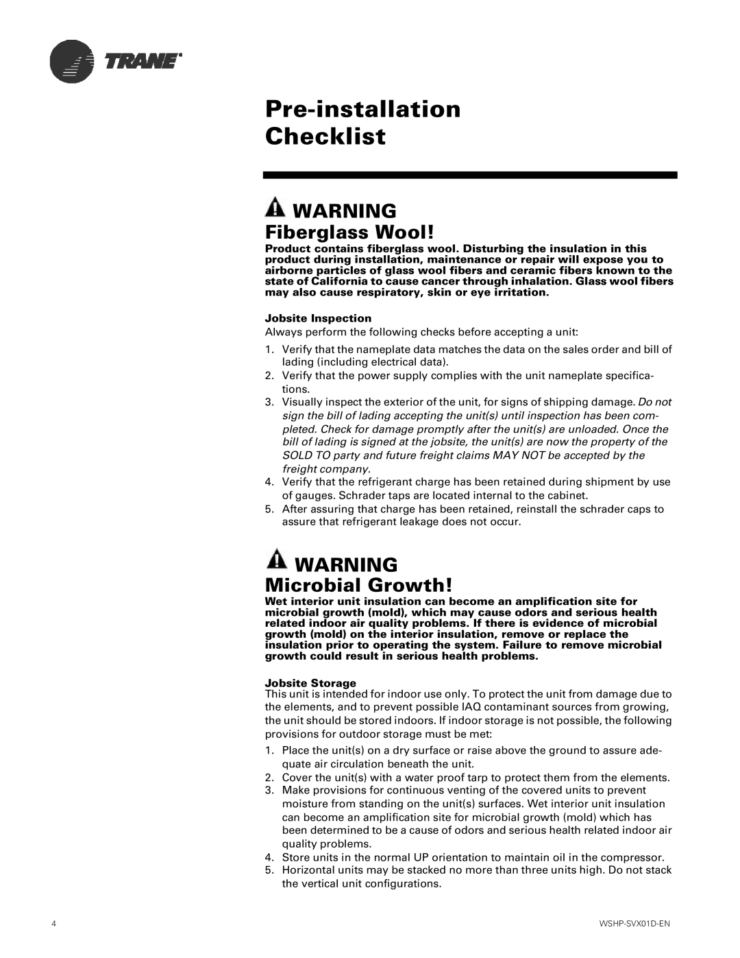 Trane GEH, GEV manual Pre-installation Checklist, Fiberglass Wool 