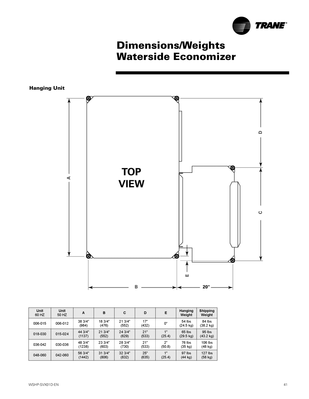 Trane GEV, GEH manual Hanging Unit, Unit Hanging Shipping 