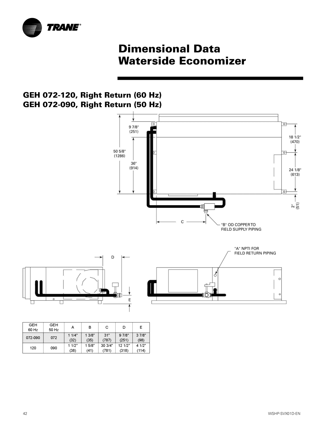 Trane GEH, GEV manual Dimensional Data Waterside Economizer 