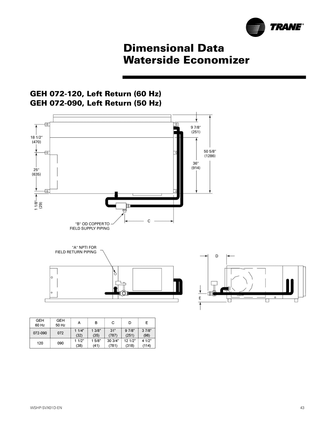 Trane GEV, GEH manual Dimensional Data Waterside Economizer 