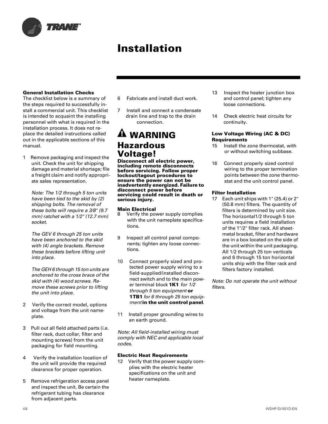 Trane GEH, GEV manual General Installation Checks, Electric Heat Requirements, Low Voltage Wiring AC & DC Requirements 