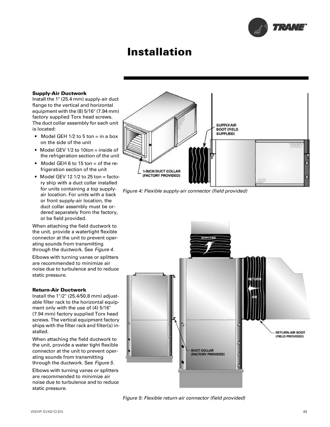 Trane GEV, GEH manual Supply-Air Ductwork, Return-Air Ductwork 