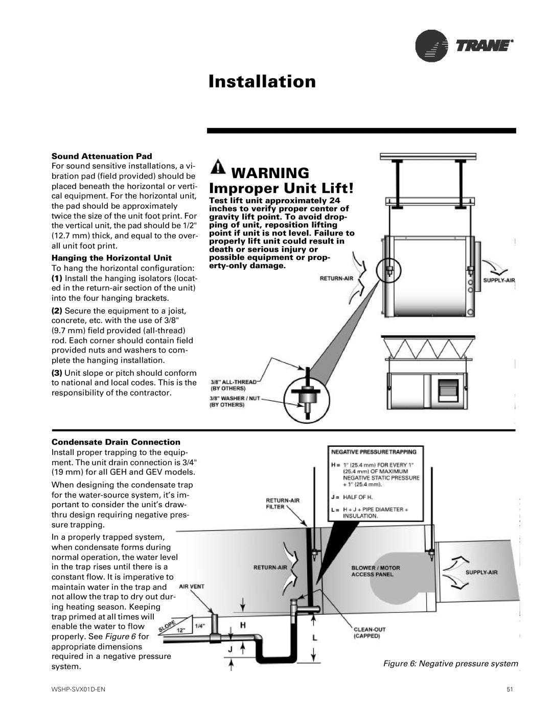 Trane GEV, GEH manual Sound Attenuation Pad, Hanging the Horizontal Unit 