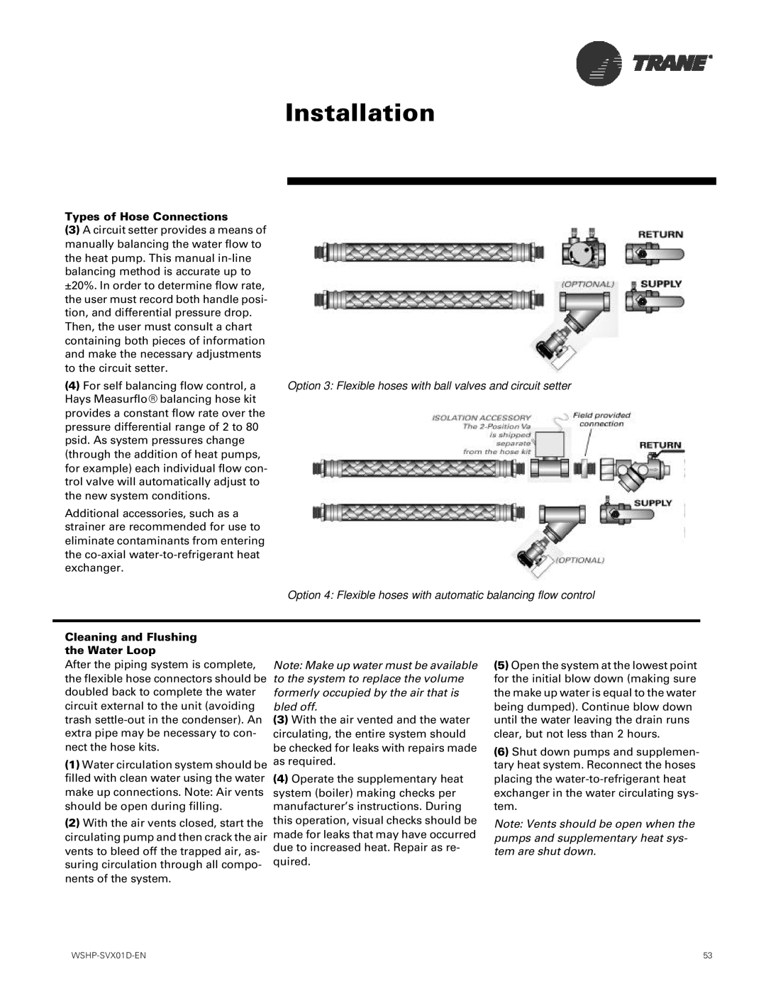 Trane GEV, GEH manual Types of Hose Connections, Cleaning and Flushing Water Loop 