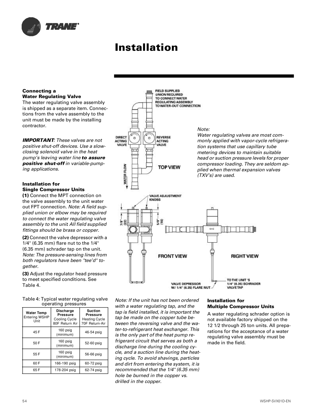 Trane GEH, GEV manual Connecting a Water Regulating Valve, Installation for Single Compressor Units 